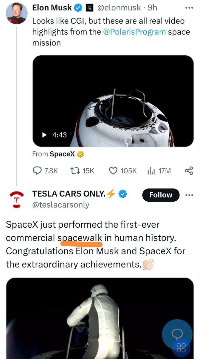 0xDemonCall's tweet photo. Spacewalk 太空漫步 星辰大海
1.马斯克推特背景是Spacewalk
2.马斯克穿着Spacewalk T恤
3.马斯克回复Spacewalk
4.马斯克置顶space相关帖子
5. 新闻频繁报导Spacewalk(昨日特斯拉公司提及spacewalk)
6.Spacewalk是未来关注重点,未来全球焦点
7.Spacewalk是长久叙事, 长久共识
8.大家逻辑买入,而不是情绪fomo买入, 现在不买, 等马斯克喊的时候再买已经迟了.
9.买入你自己合适的仓位，不要梭哈，不要让k线影响你的心态，你不是波段手，你是建设者！

加入Spacewalk共识微信群一起建设,  图片在子线程!