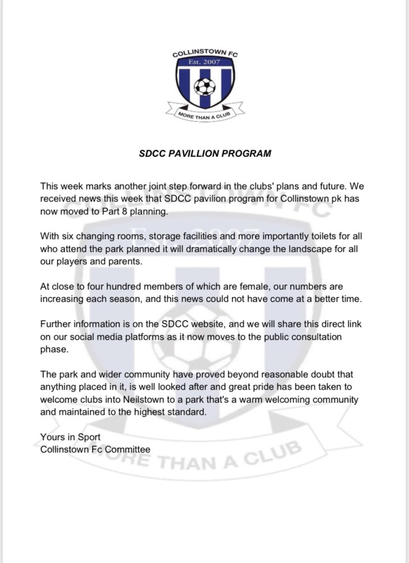 collinstown2007's tweet photo. 🔵CLUB ANNOUNCEMENT🔵 

Your Local Football Club finally getting the facilities they deserve. 
Our Club is going from strength to strength every season with our Academy ,Schoolboy/girls section &amp; Senior Section.

Great news for everyone @ CFC @MarkWardSF @shanemoynihan 

Link ⬇️ https://t.co/Lqh8sBiNaM