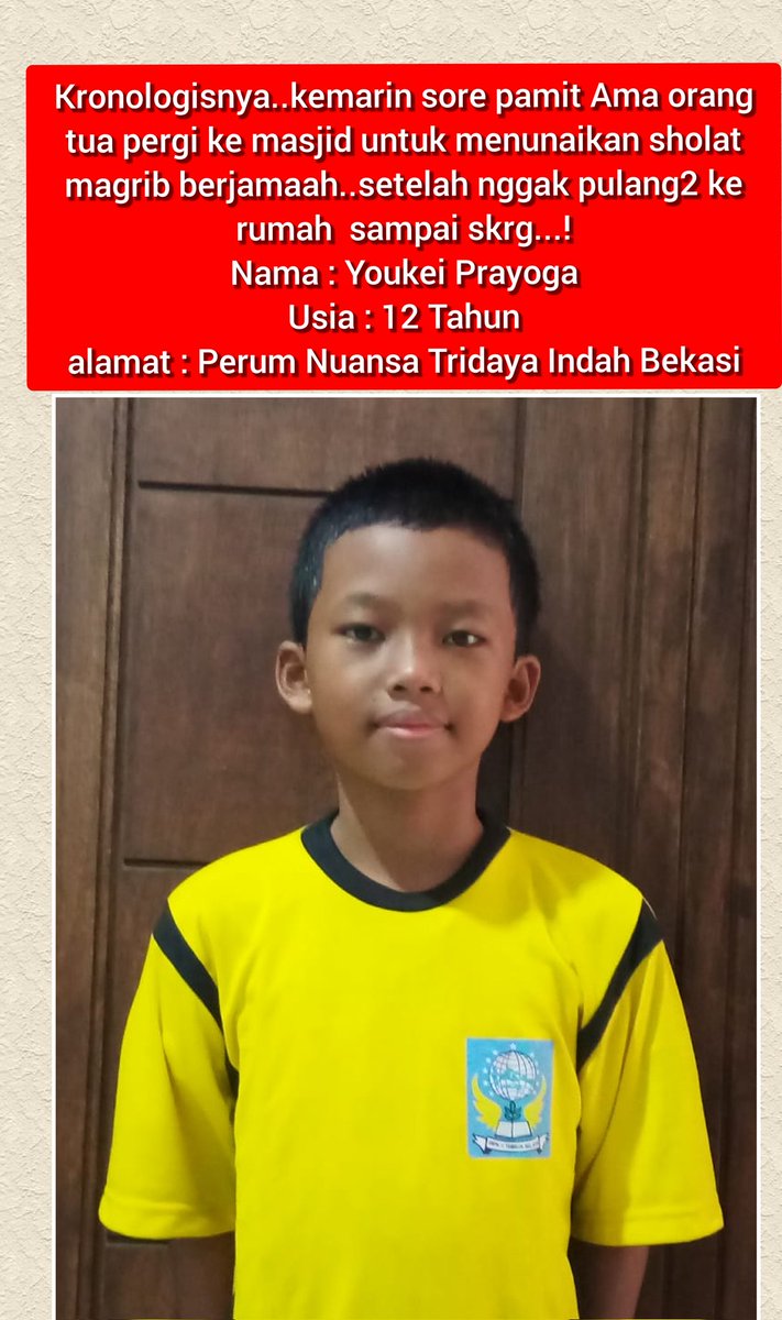 Berita kehilangan: 
Mohon izin Bpk/ibu..mohon infonya bila mungkin bpk/ibu ada yg melihat anak yg di foto ini,tolong segera hub.0857-7974-1052