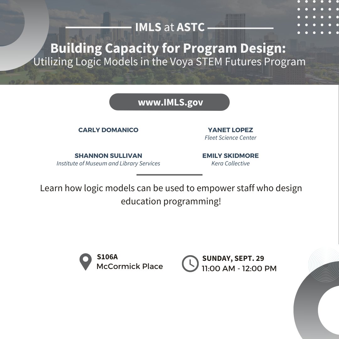 US_IMLS's tweet image. #ASTC2024 🔬 Our final session is starting soon! Program specialist Shannon Sullivan is leading the panel ‘Building Capacity for Program Design: Utilizing Logic Models in the Voya STEM Futures Program’