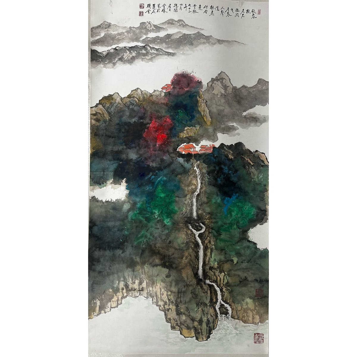 ivalady2001's tweet photo. 晚安～今日秋風習習，金風送爽

作品分享～
作者：郭金保
作品：山寺秋意
款式：秋嵐抱危石 幽澗��詹泉
             人聲隱林處 僧舍遶雲根
             
#字畫 #台灣 #台南書畫家 #書法 #書畫 #佛像 #潛粹藝術 #藝術家協會 #古董 #藝術展覽 #藝術品 #潑彩畫 #畫家 #水墨 #郭金保 https://t.co/iQaH43HPTJ