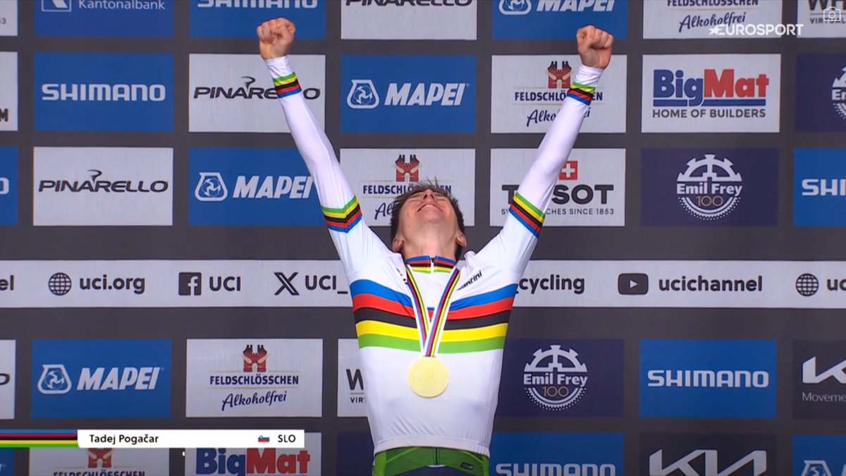TADEJ POGACAR IS WEARING THE RAINBOW JERSEY! 🌈And I don't think I've ever seen him so happy. 
#Zurich2024