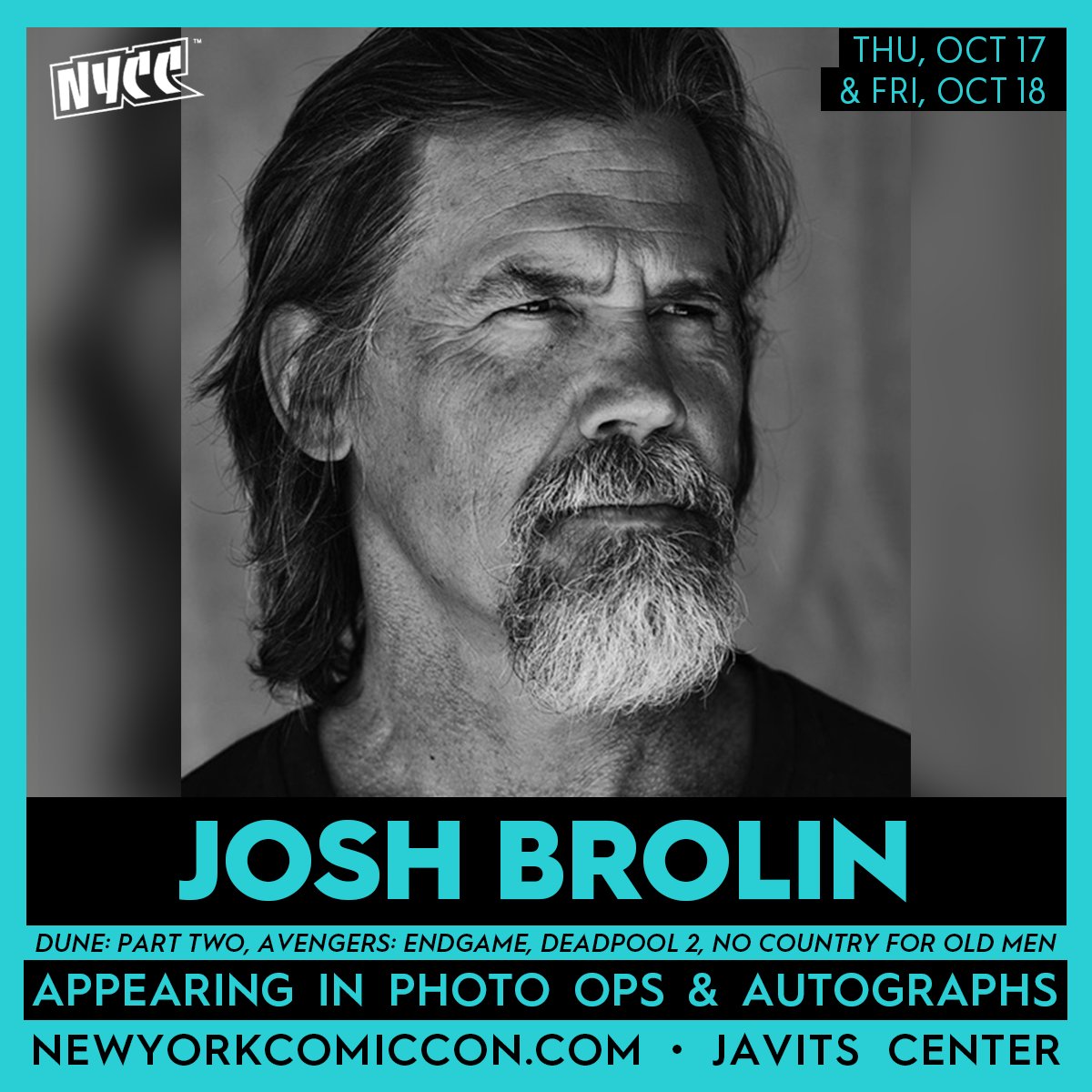 NY_Comic_Con's tweet photo. Meet Josh Brolin at NYCC 2024 💥 Buy a solo Photo Op or Autograph and meet Josh one-on-one in NYC 🗽TeamUp Photo Ops with Josh, Elizabeth Olsen, and Paul Bettany are now on sale – buy your Duo or Trio Avengers: Endgame Photo Op and meet all of these marvelous guests.

🗓 Appearing Thu, Oct 17 and Fri, Oct 18
📸🖌 Photo Ops & Autographs: https://t.co/tDJf61FvC4
🎬 Dune: Part Two, Avengers: Endgame, and Deadpool 2

Buy NYCC tickets: https://t.co/PyTYCGX1DU