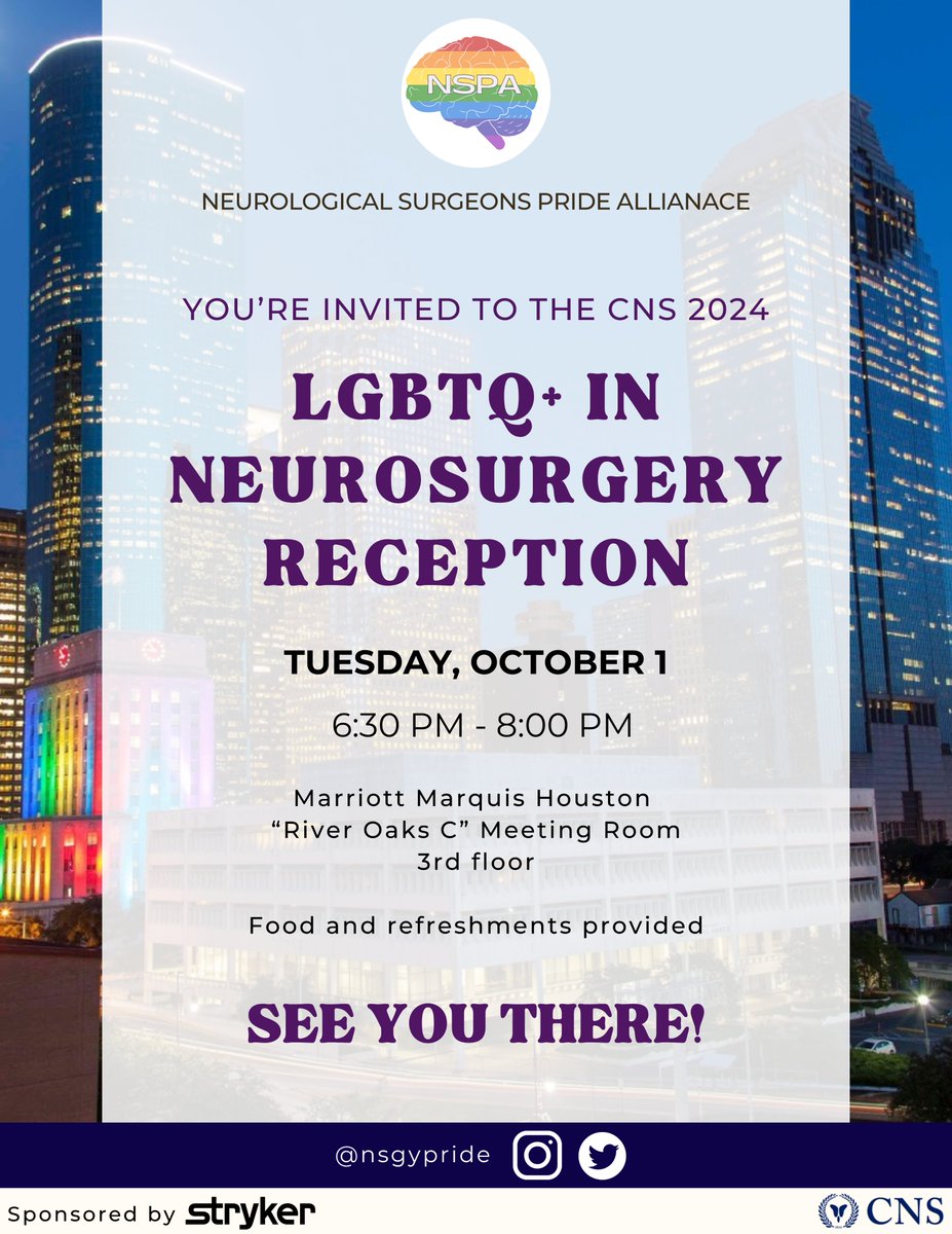 Join us Tuesday evening at 6:30pm - 8:00pm for our 2nd annual LGBTQ+ in Neurosurgery Reception! Can't wait to gather again with fellow LGBTQ+ neurosurgery community members and allies. #2024CNS #NSPAxCNS2024