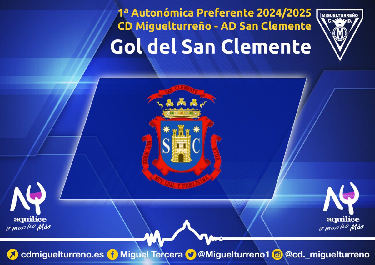 CD Miguelturreño ᵈᵉˢᵈᵉ ¹⁹⁷⁵ ✭✭✭ (@miguelturreno1) on Twitter photo ⚽️ Minuto 31 | Gol del San Clemente.
🤍💙 CD Miguelturreño 0️⃣
🔴 <a href="/AD_SanClemente/">A.D. San Clemente Oficial</a> 1️⃣
#Miguelturreño #PreferenteJ4 ⚽️ Minuto 31 | Gol del San Clemente.
🤍💙 CD Miguelturreño 0️⃣
🔴 <a href="/AD_SanClemente/">A.D. San Clemente Oficial</a> 1️⃣
#Miguelturreño #PreferenteJ4