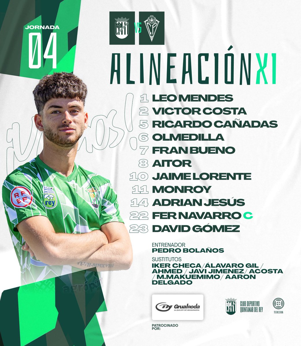 Nuestro XI inicial | TEMPORADA 24/25 l 📢⚽️

**JORNADA 04**
🆚️ <a href="/CPVillarrobledo/">Don Octavio CP Villarrobledo 🐺❤️💙</a>
➡️ C.P. Villarrobledo 

👤 Pedro Bolaños <a href="/PedroBolanos23/">PEDRO BOLAÑOS</a>

Alineación patrocinada por @grualroda

#quintanarAle 
#quintanardelrey 
#VamosQuintanar 
#3rfef