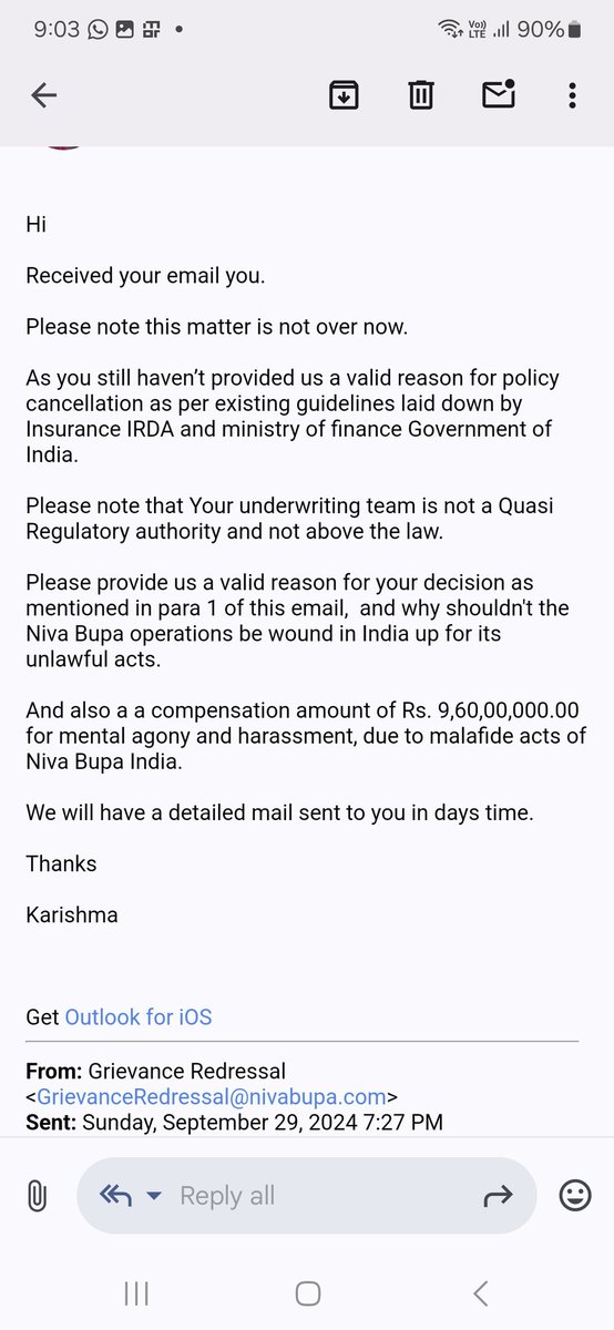 SandeBhatt's tweet photo. @Niva_Bupa @irdaindia @irdainsurance @gurgaonpolice @nsitharamanoffc @Niva_Bupa find below response. This is Not Over Now. U will have to Provide Ans. TO QUERIES RAISED &amp; not the Ombudsman @irdaindia @irdainsurance. Why shouldn't Operations of @Niva_Bupa be wound up India. We demand @compensation of Rs. 9,60,00,000.00 for mental agony &amp; harassment https://t.co/brhWzRCM0I