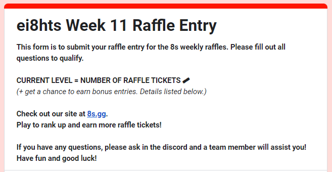 eightsgg's tweet photo. Week 11 Raffle Entry form is still open! https://t.co/OaabNUBhV2

You'll get extra raffle entries if you use your unique link to invite your friends to join our Discord community

Play, level up, and submit your entries to get a chance to win this week's raffle draw!

#web3 https://t.co/Z2FlP4j8Bi