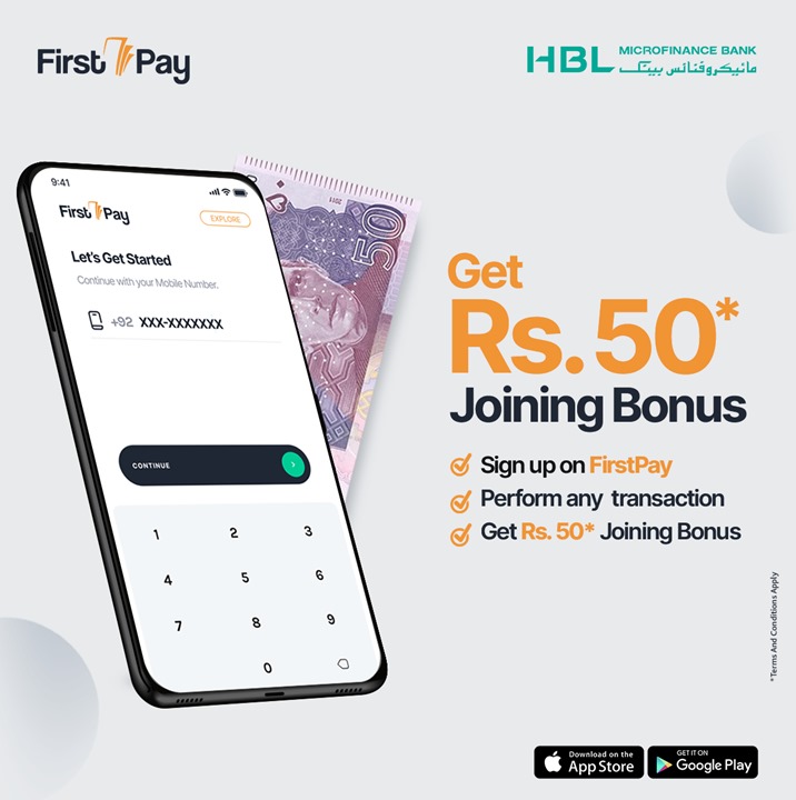 HBLMfBDigital's tweet image. FirstPay say unlimited rewards unlock karo!

Join FirstPaytoday, perform any transaction and get a joining bonus of Rs. 50*.

Download Now:
onelink.to/hblmfbfp
*T&amp;amp;Cs Apply:
hblmfb.com/terms-and-cond…

#FirstPay #JoiningBonus #FirstPayMobileWallet