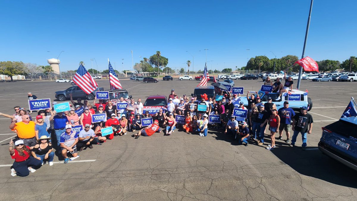 CampaMaIsela's tweet photo. Latino Americans mobilized in Yuma, Arizona for a massive GOTV event for @realDonaldTrump &amp; the @AZGOP!

We are sick &amp; tired of the open border policies that have hurt cities like Yuma &amp; are working hard to defeat Kamala Harris in November.
https://t.co/aNM0YHRZZ3 https://t.co/UnQKpOahae