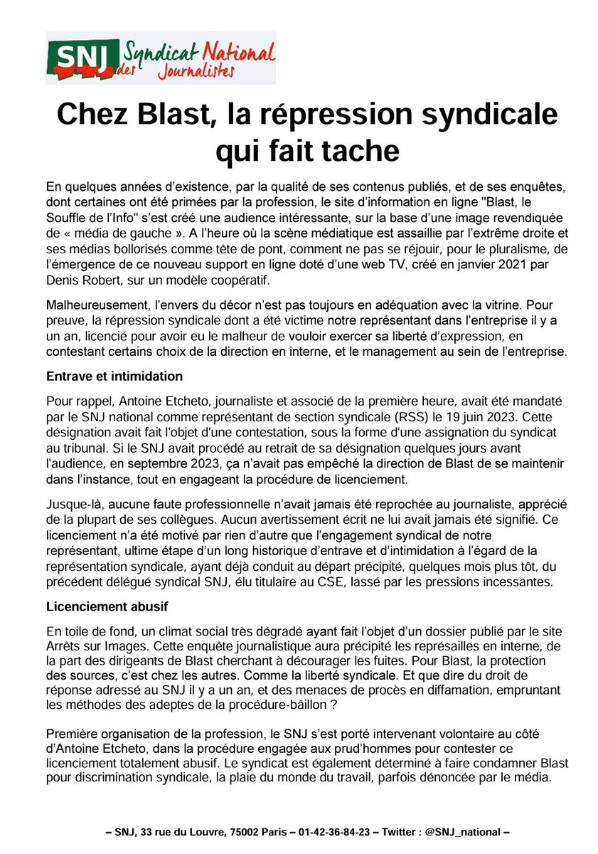 Il y a un an, le représentant du SNJ chez <a href="/blast_france/">BLAST, Le souffle de l'info</a> faisait l'objet d'un licenciement motivé par rien d'autre que la répression de son engagement syndical 😡😡😡 

Licenciement abusif ⛔️ 
Discrimination syndicale ⛔️ 
RENDEZ-VOUS aux prud'hommes ! 
⬇️ 
snj.fr/chez-blast-la-…