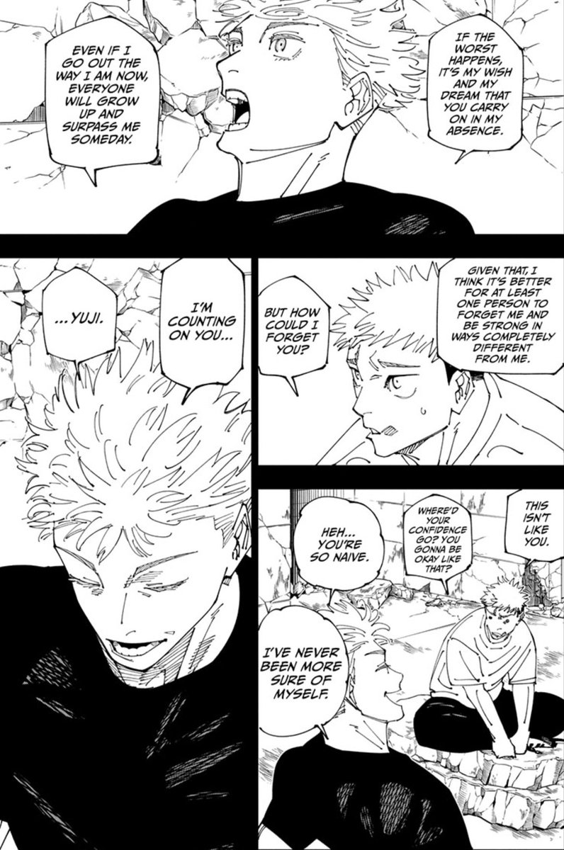 ShadzMangaOnly's tweet photo. Surpass me but without emulating me. Be your own person. The world of my dreams doesn't require another Satoru Gojo. I love this. Amen Gojo sensei. Bro was basically sure his dream would come true & due to that was able to untether himself from all other desires. Going into that fight unhindered, ready to lay it all down & enjoy himself to the fullest. 👏🏼
#jjk271 #ShadzJK #JujutsuKaisen271