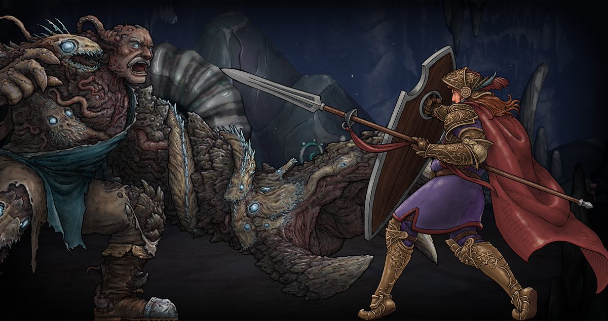 RedChopGames's tweet image. A hand drawn aesthetic is key to Abyss. We're blending 2D characters in 3D environments to create a unique look for our turn based combat - here's a screenshot of Aisling mid-block in our current build!