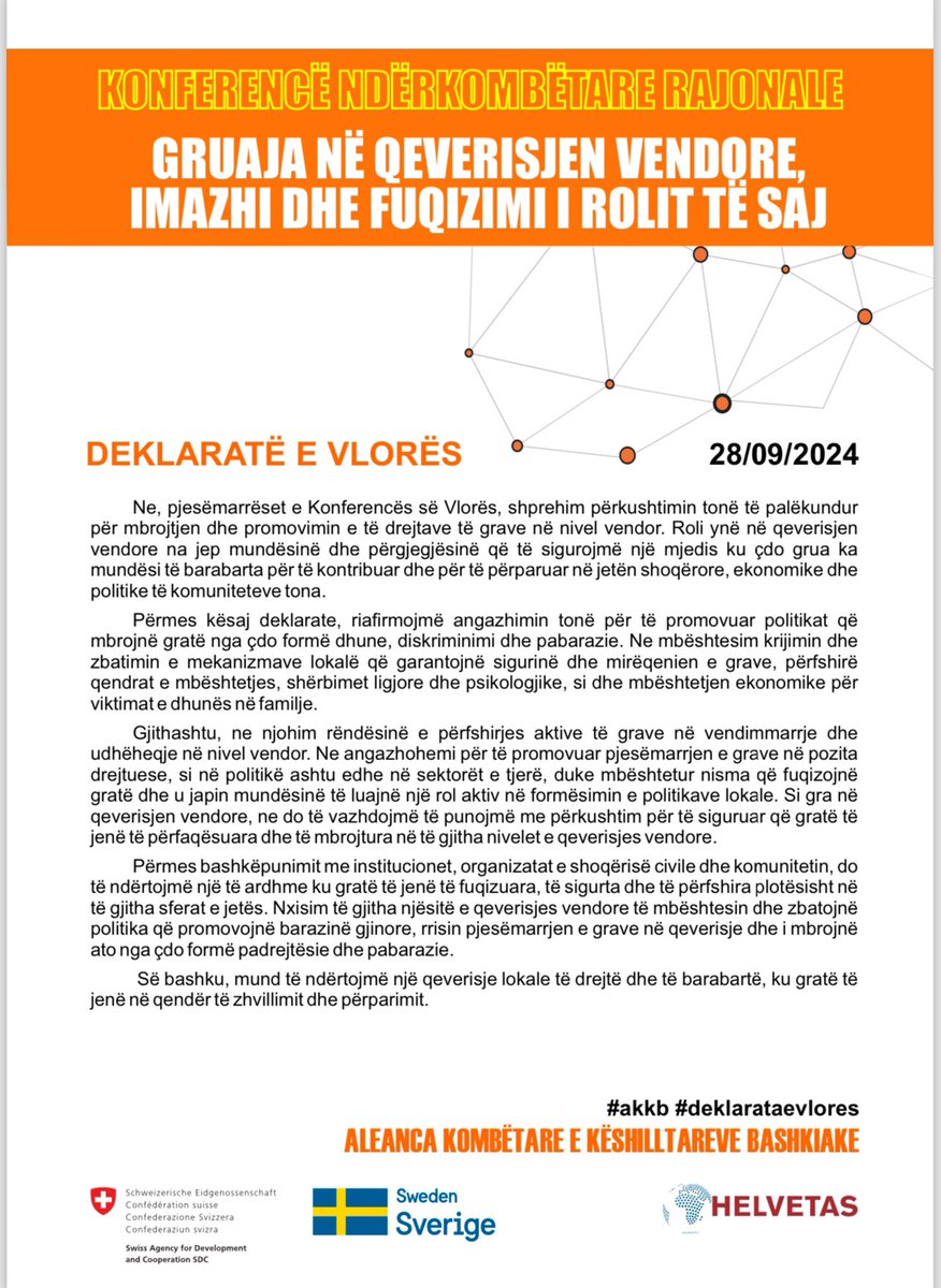 SAnagnosti's tweet photo. Qellimi i Deklarates se Vlores eshte te shprehe vullnetin e aktoreve kryesore rajonale te qeverisjes vendore per te bashkepunuar me qeverisjen vendore, shoqerine civile dhe komunitetin per fuqizimin e rolit te gruas dhe mbrojtjen e saj nga dhuna me baze gjinore.
#akkb https://t.co/EBVu3C7wNp