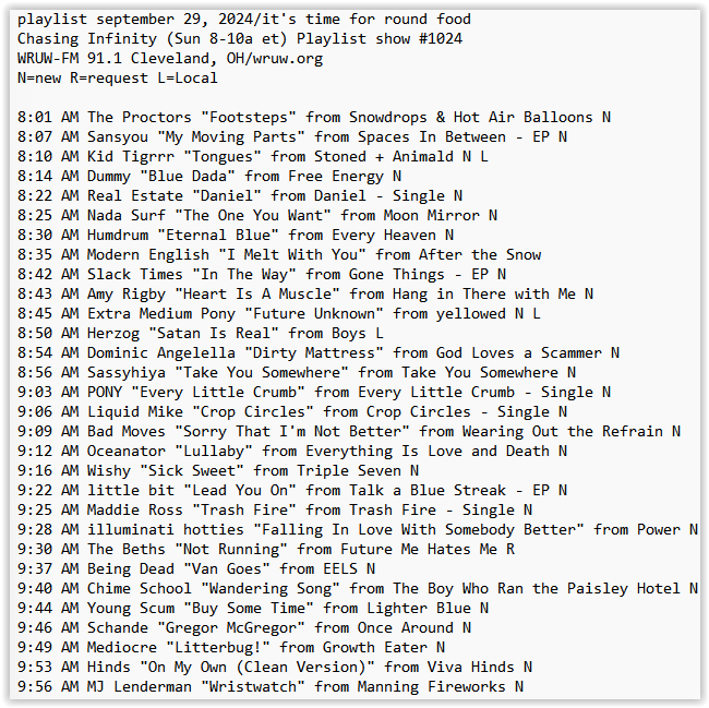Ed Zeitz (@edzeitz) on Twitter photo my <a href="/WRUW/">WRUW-FM 91.1</a> playlist this am ft <a href="/theproctorspop/">the proctors</a> @kid_tigrrr <a href="/realestateband/">Real Estate, band</a> <a href="/nadasurf/">matthew caws</a> <a href="/AmyRigby/">Amy Rigby</a> <a href="/drgnkingDOM/">dominic angelella</a> <a href="/SkepWax/">Skep Wax Records</a> <a href="/PONYtoronto/">PONY</a> <a href="/liquidmikeband/">liquidmike</a> <a href="/badmovesDC/">Bad Moves</a> <a href="/oceanator/">oceanator</a> <a href="/wishy_music_777/">Wishy</a> <a href="/littlebitonline/">little bit</a> <a href="/MaddieRoss/">Maddie Ross</a> <a href="/illuminatihotts/">illuminati hotties</a> <a href="/ChimeSchool/">Chime School</a> <a href="/young_scum/">Young Scum</a> @schandetheband + more⬇️ my <a href="/WRUW/">WRUW-FM 91.1</a> playlist this am ft <a href="/theproctorspop/">the proctors</a> @kid_tigrrr <a href="/realestateband/">Real Estate, band</a> <a href="/nadasurf/">matthew caws</a> <a href="/AmyRigby/">Amy Rigby</a> <a href="/drgnkingDOM/">dominic angelella</a> <a href="/SkepWax/">Skep Wax Records</a> <a href="/PONYtoronto/">PONY</a> <a href="/liquidmikeband/">liquidmike</a> <a href="/badmovesDC/">Bad Moves</a> <a href="/oceanator/">oceanator</a> <a href="/wishy_music_777/">Wishy</a> <a href="/littlebitonline/">little bit</a> <a href="/MaddieRoss/">Maddie Ross</a> <a href="/illuminatihotts/">illuminati hotties</a> <a href="/ChimeSchool/">Chime School</a> <a href="/young_scum/">Young Scum</a> @schandetheband + more⬇️