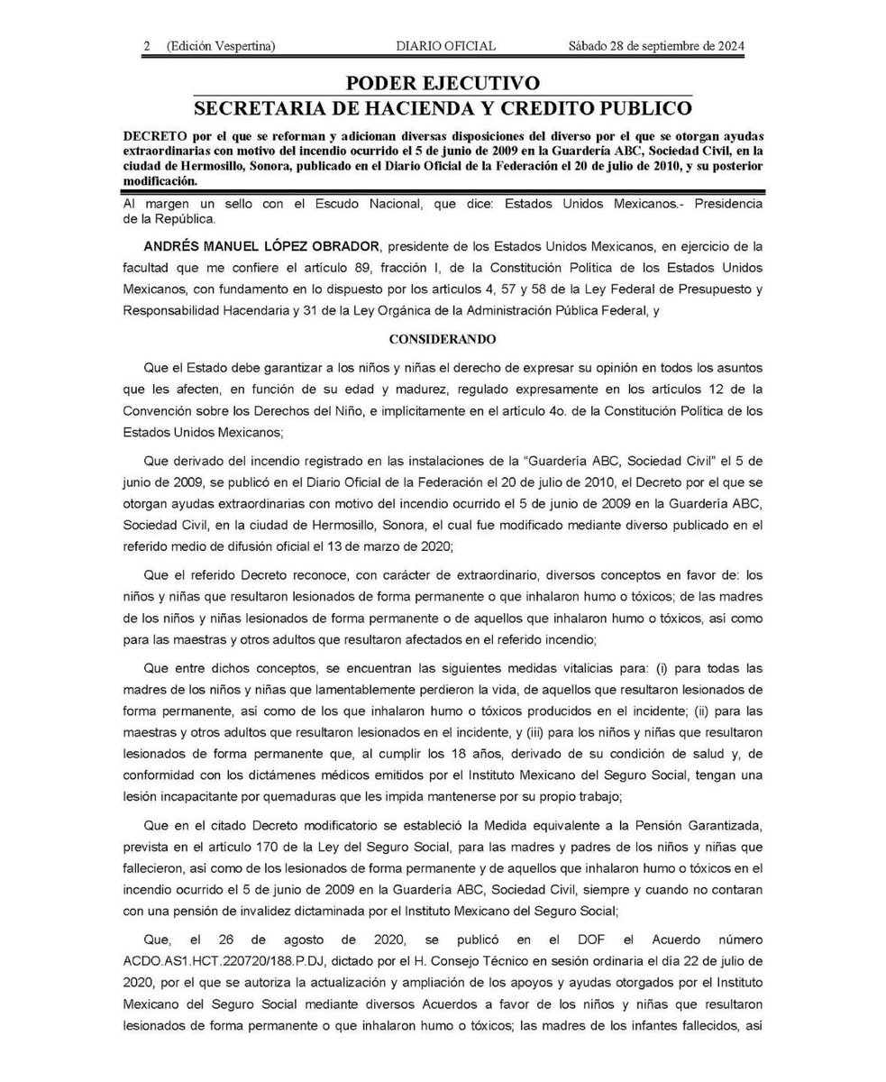 arturoavila_mx's tweet photo. El presidente @lopezobrador_ no podía irse sin hacer justicia en otros crímenes más de Felipe Calderón. 

Se publica el decreto con el que se otorga pensión vitalicia a los padres y madres de los niños fallecidos en el incendio de la guardería ABC, así como a las personas que tienen hijos que resultaron lesionados de forma permanente en ese terrible crimen, ocurrido el 5 de junio de 2009.