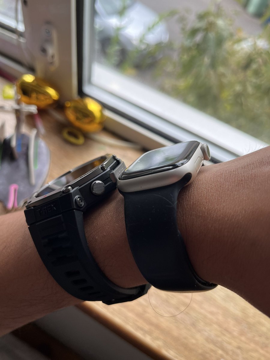 smacula's tweet photo. Comparing the @zepp_os @AmazfitUK T Rex 3 to the Apple Watch 7. It’s a chonk in comparison! Multiple week battery life though. And lots of features. I’ll put my review up after some solid use. https://t.co/MFnsaFEDCw