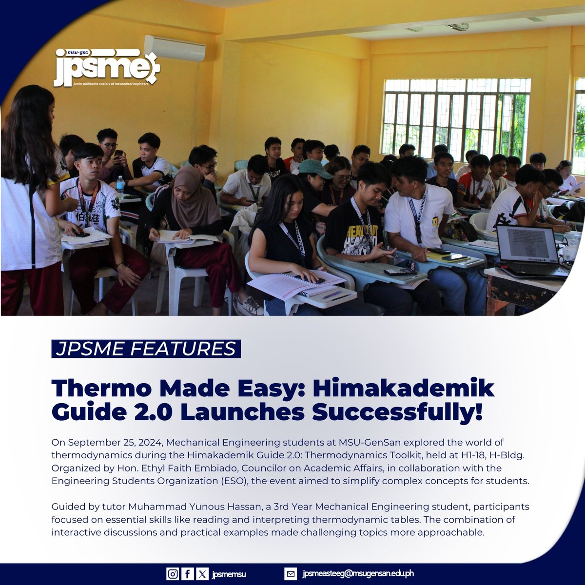 JPSMEMSU's tweet photo. On the morning of September 25, 2024, ME students at MSU-GenSan explored thermodynamics at Himakademik Guide 2.0. Organized by Hon. Ethyl Faith Embiado, the event simplified complex topics with the help of tutor Muhammad Yunous Hassan. https://t.co/v32QxPLt3a