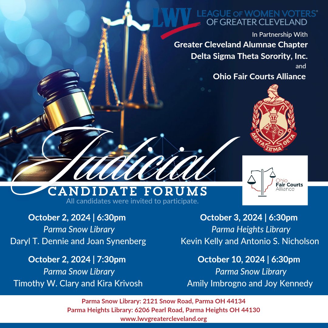 Join us for Cuyahoga County Common Pleas Court Judicial Candidate forums on October 2, 3 and 10. All will be live streamed and recorded for future viewing on Youtube and Vote411.org 
Cosponsored by <a href="/DSTCleveland/">Greater Cleveland</a>, <a href="/ohfaircourts/">Ohio Fair Courts Alliance</a> and <a href="/LWVGrCleveland/">LWVGreaterCleveland</a>