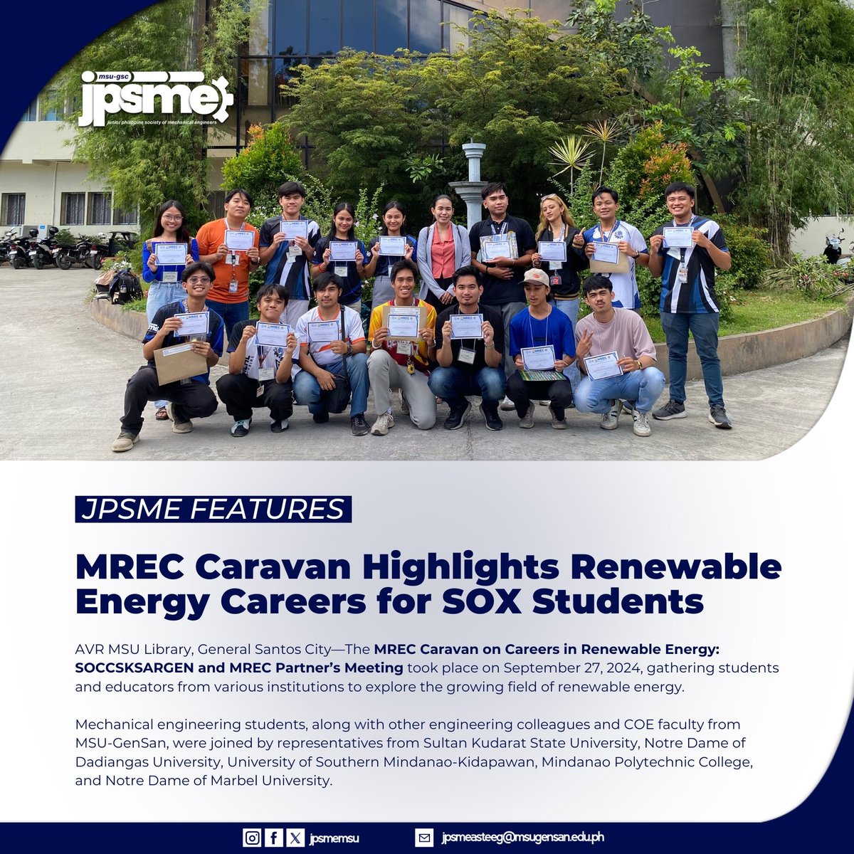 JPSMEMSU's tweet photo. On September 27, 2024, the MREC Caravan on Careers in Renewable Energy gathered students and educators at the MSU Library AVR in GenSan. Mechanical Engineering students and representatives from various institutions explored the promising field of renewable energy. https://t.co/fKmnjz1G7f