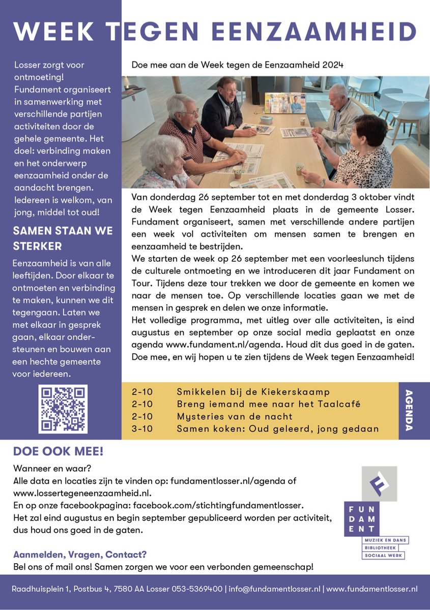 Doe mee aan de Week tegen de Eenzaamheid 2024 - Losser zorgt voor ontmoeting!

twentejournaal.nl/artikel/44680-…

lossertegeneenzaamheid.nl

#fundamentlosser #weektegeneenzaamheid #eenzaamheid #ontmoeting #kiekerskaamp #trefhuus #stmaartensstede #losser #dinkelland #ootmarsum  #twente