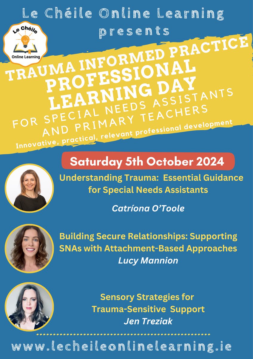 CheileLe's tweet photo. 📣Our Trauma Informed Practice Professional Learning Day is taking place next Saturday for SNAs and Primary Teachers

✅All attendees will receive a recording of the event, and a Certificate of attendance for 4.5hrs

https://t.co/5xL3HVYdW4 https://t.co/9pu4KpwHos