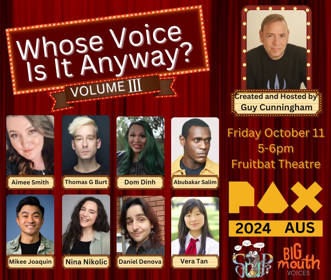 So stoked to have all these wonderful voice actors joining me on stage in the most fun you'll have at PAX. Come on down and have a laugh. <a href="/aavavoices/">aavavoices</a> <a href="/AimeeSmithVA/">Aimee Smith</a> <a href="/dom_dinh/">Dom Dinh</a> <a href="/thomasgburt/">Thomas G Burt 🎙️#MiGW 2024</a> <a href="/MykeyJoaquin/">Mikee Joaquin 🤪</a> <a href="/veratanva/">Vera Tan 🎙 | Yi Jiang My❤️ d=(￣▽￣*)</a> <a href="/Tartan_Kiwi/">Daniel Denova VA</a> <a href="/veratanva/">Vera Tan 🎙 | Yi Jiang My❤️ d=(￣▽￣*)</a> <a href="/BigmouthVoices/">Bigmouth Voices</a> <a href="/DouglasBicker/">Douglas Bicker</a> <a href="/Abzybabzy/">Abubakar Salim</a>