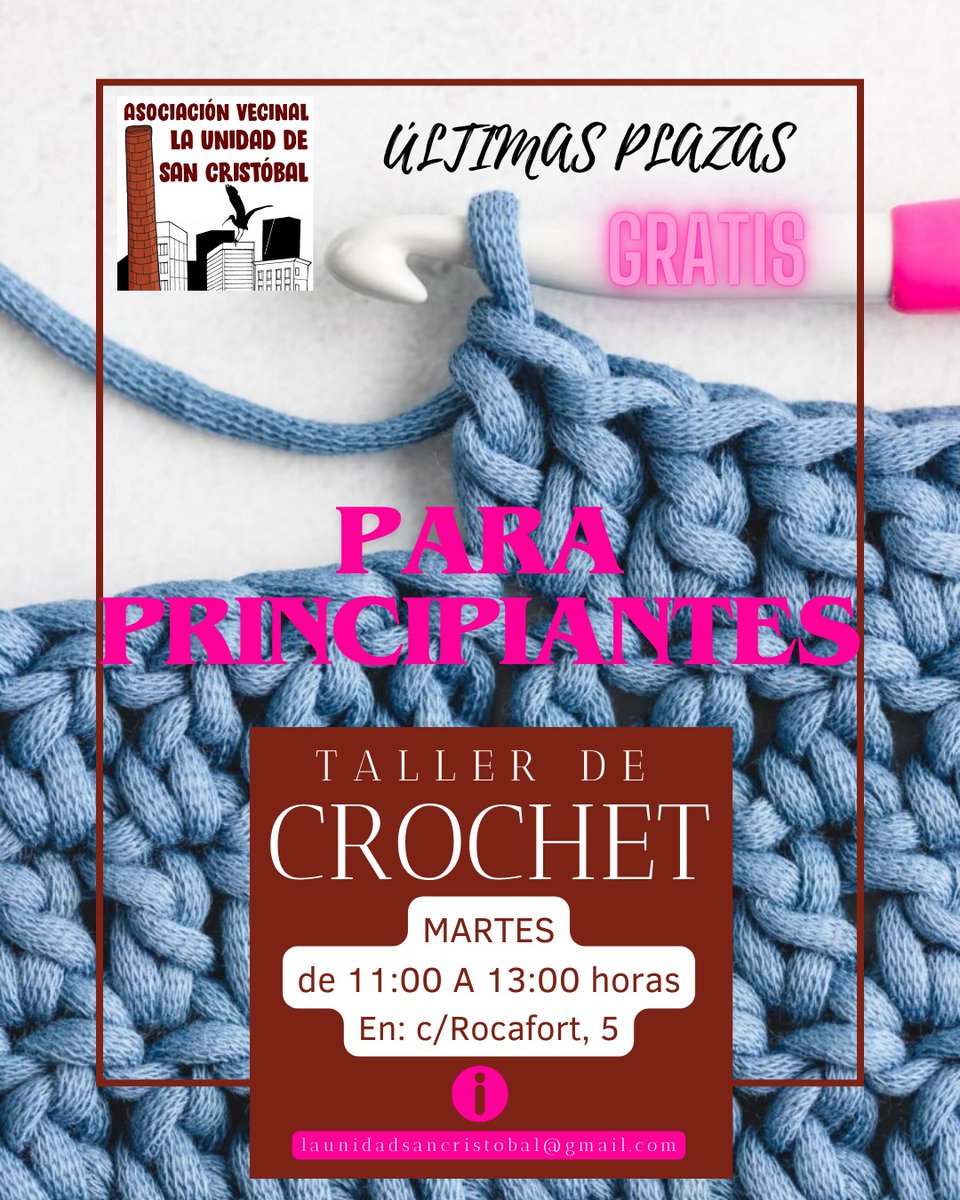 Últimas Plazas para participar en el taller de CROCHET para principiantes.
Ven y participa.
TE ESPERAMOS!!!!