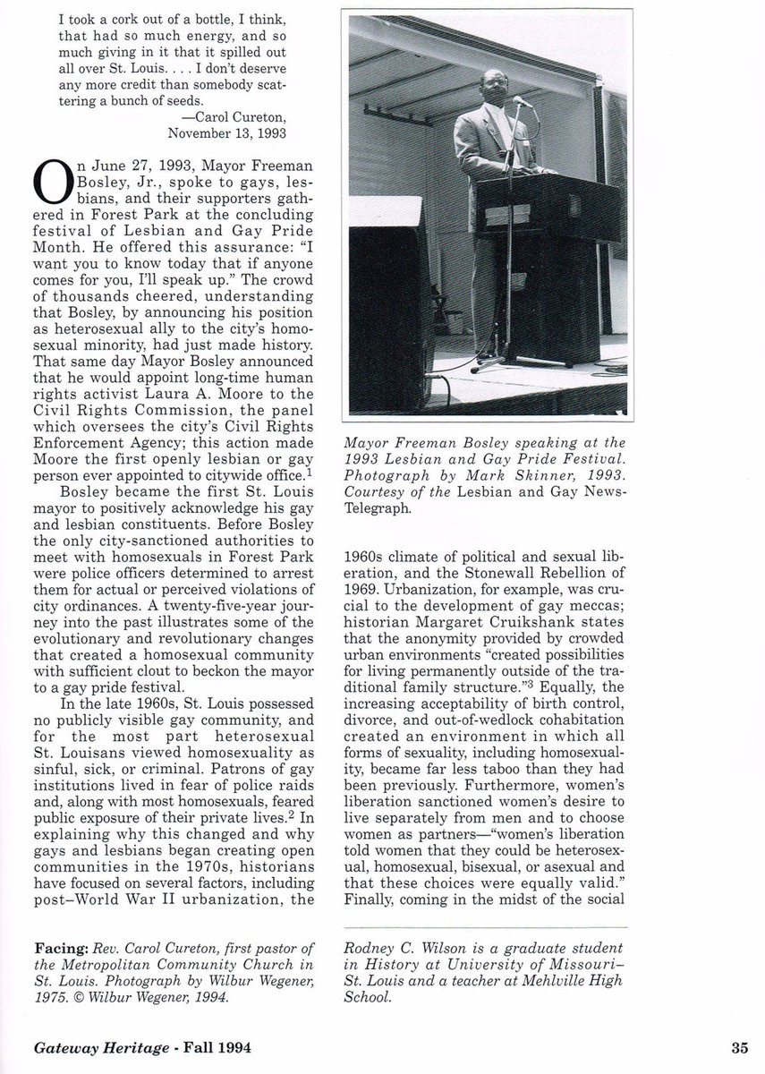 In the fall of 1994, the Missouri Historical Society published their first piece of LGBTQ+ history – this article in Gateway Heritage about the 27-year-old founding pastor of MCC-St. Louis, the Rev. Carol Cureton (b. 1946) of Poplar Bluff, Missouri. 🧵1 of 3
