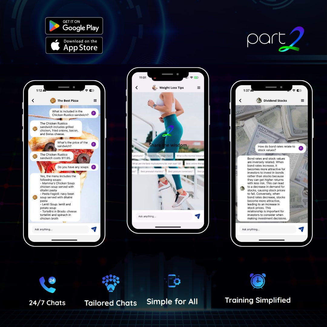 part2chat's tweet image. Train your Chatbots (Teller AIs) with ease! They learn from text, websites, documents, spreadsheets, images with text, and more.

Download App Now -&amp;gt; tinyurl.com/ms5pd8ae
Free for a Limited Time!

#Part2ai 
#AdvancedAI 
#PersonalizedAssistance 
#iphoneapp #iphone15 #iphone