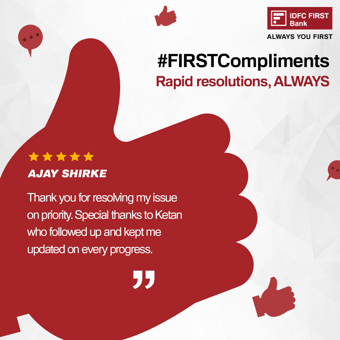 IDFCFIRSTBank's tweet photo. Your time is premium and our dedicated team is always here to serve you on priority. Your trust inspires us to deliver MORE! Join the conversation and share your compliments here: https://t.co/zyrQd3edkj
#IDFCFIRSTBank #AlwaysYouFirst #FIRSTCompliments https://t.co/I2L7b99C6Y