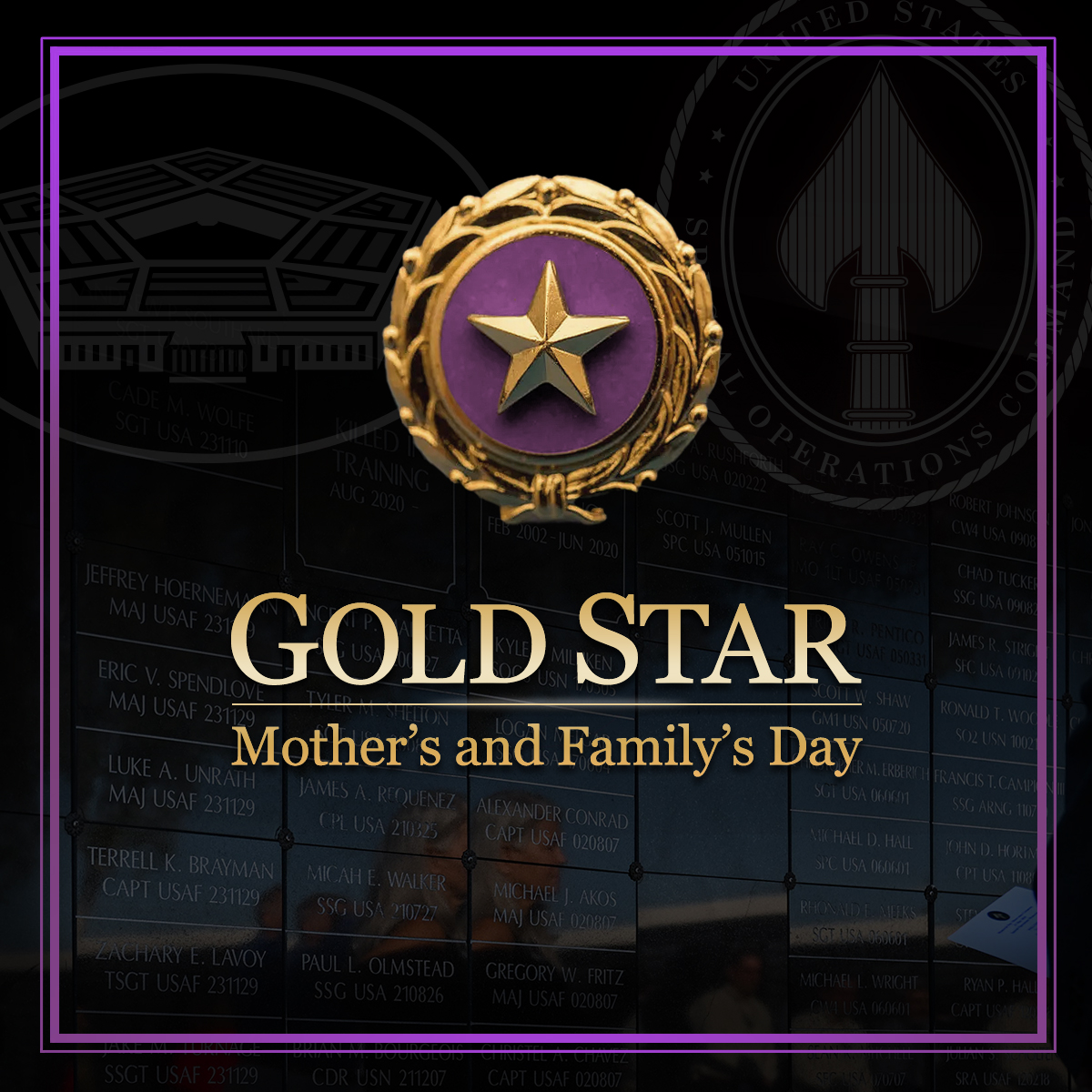 USSOCOM's tweet photo. On Gold Star Mother’s and Family’s Day, we join the Nation in recognizing and honoring the families of fallen service members. America owes a debt of gratitude to those who gave their lives in service to our Armed Forces and to their families. https://t.co/LhgDpmuiCp