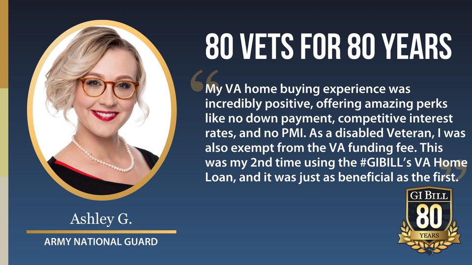 MDVAHCS's tweet image. Ashley's VA home buying experience was positive, with perks like no down payment, competitive interest, &amp;amp; no PMI. As a disabled Veteran, she was also exempt from the VA funding fee. She encourages all Veterans to review benefits for homeownership. #80Vetsfor80Years #IUsedMyGIBill