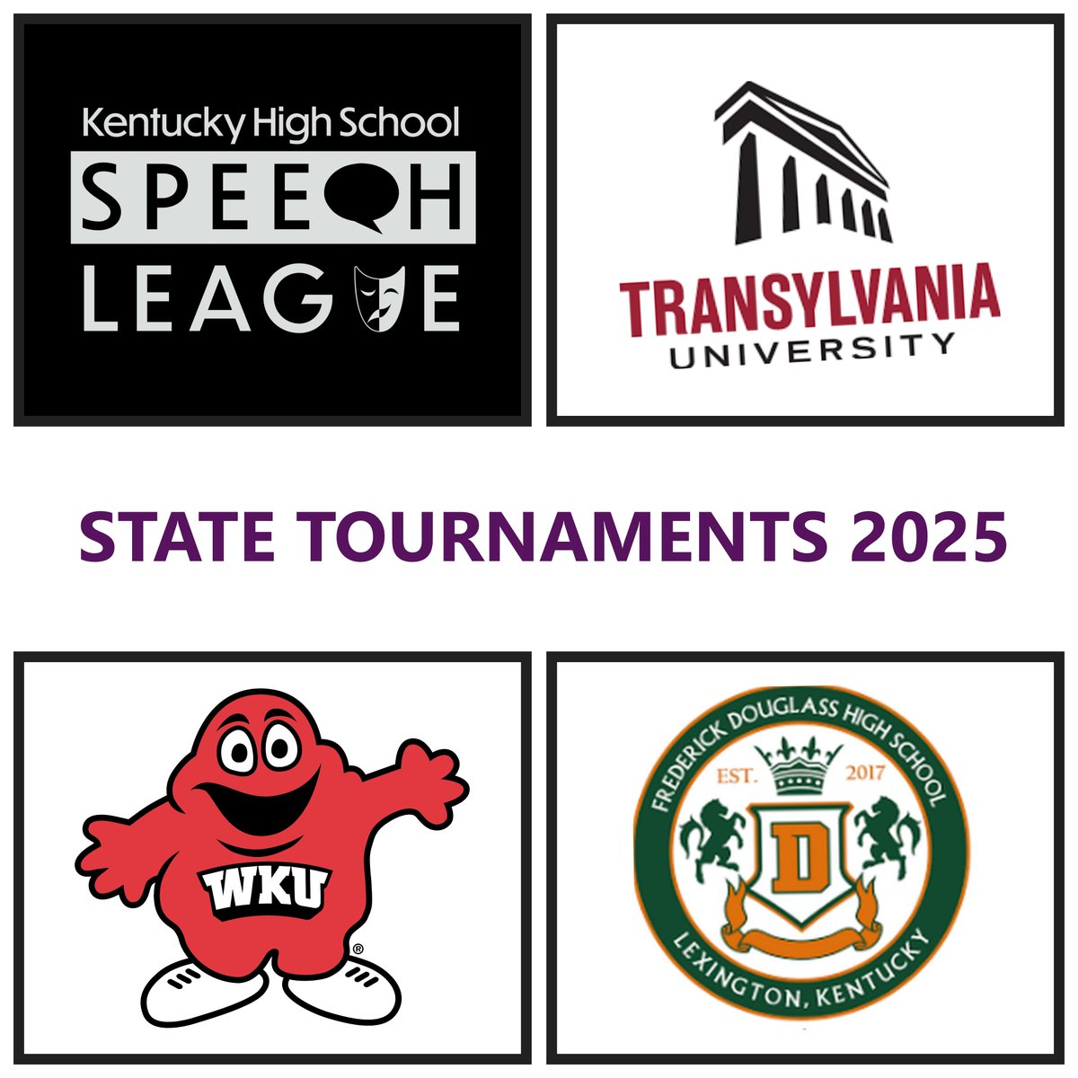 KHSSL's tweet image. We're looking forward to our three State tournaments! THANK YOU TO OUR HOSTS!

Lexington's Frederick Douglass High School, JUNIOR SPEECH STATE, February 21 and 22.

Transylvania University, DEBATE STATE, March 1.

Western Kentucky University, SENIOR SPEECH STATE, March 7 and 8.