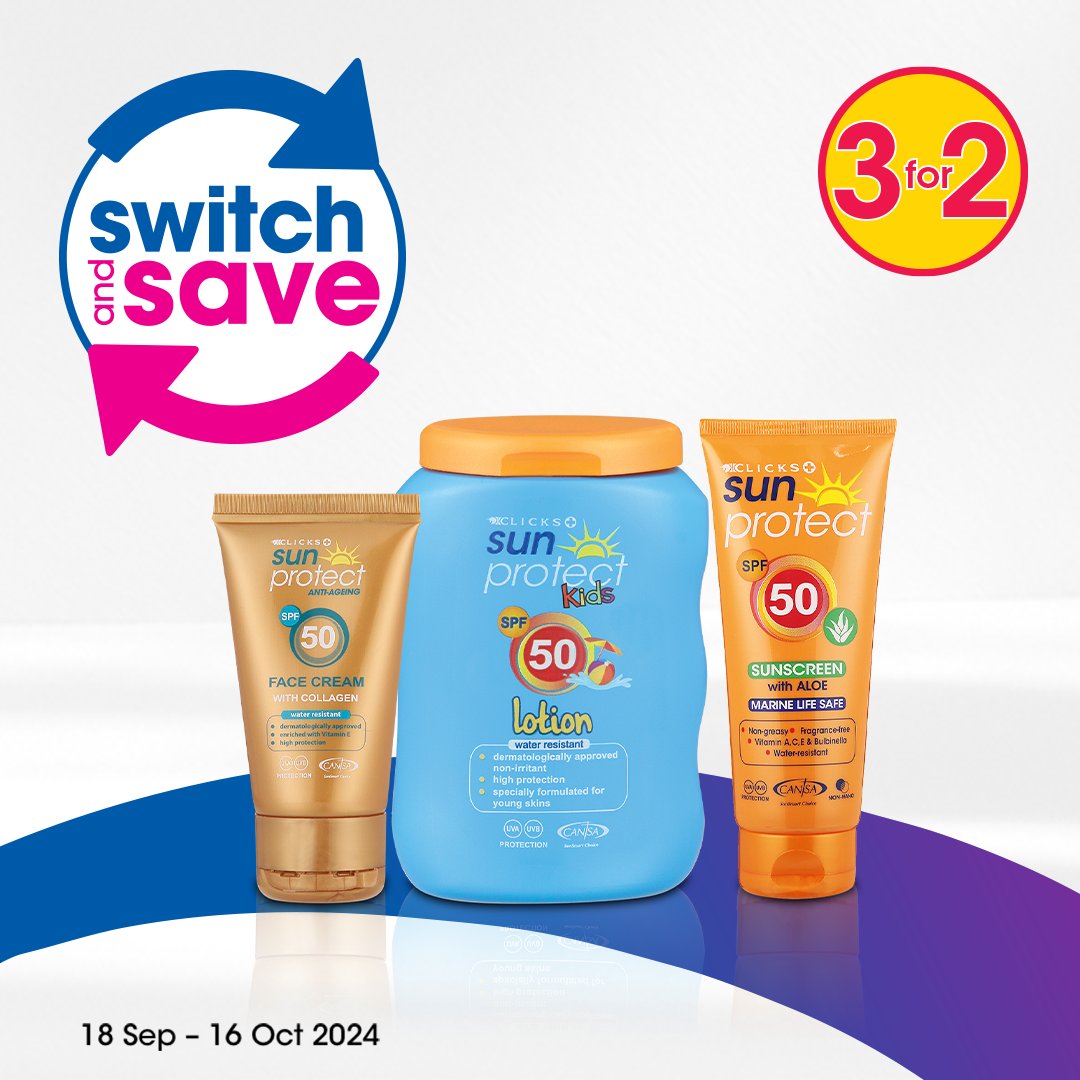 Clicks_SA's tweet image. Get ready for summer when you buy any 3 Clicks SUNprotect suncare products and get the cheapest 1 FREE. 

Switch to Clicks-branded products and SAVE, online, on the app, or at your nearest store.

Shop now -&amp;gt; bit.ly/3Y2b3gj

#SunProtection #SwitchAndSave
