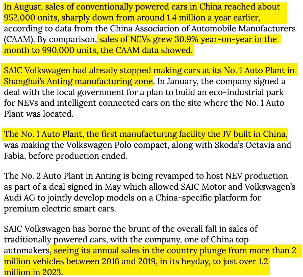 Molson_Hart's tweet photo. Paradigm shift is happening in China that is going to have powerful effects on the rest of the world.

China is killing the combustion car and is taking the oil and non-Chinese car manufacturing industry down with it.

From the Chinese government's perspective:

1. Shift to EVs and China can "leapfrog" non-Chinese combustion car manufacturing expertise
2. Car manufacturing is the industry most able to shift to military armament production during times of war (during WW2, for example, GM made airplanes and tanks)
3. China's achilles heels on the global stage are oil and food. It imports both. By transitioning to EVs, it greatly reduces its dependence on oil, meaning that if it wants to be a hegemon it doesn't need to worry as much about oil embargos.
4. Leverage subsidies for domestic demand for EVs to become an export powerhouse, moving up the value chain. If foreign countries insist on assembling the EVs in their countries, so be it; China will still capture most of the price by setting up foreign manufacturing operations and through subcomponent manufacturing.

Meanwhile, the United States and particularly Europe are deindustrializing.

Never mind chess, it feels like the Chinese are playing go while Americans, and particularly Europeans, are playing checkers.