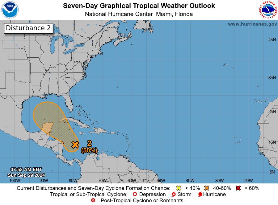 NHC_Atlantic's tweet image. [8am EDT Sep 29] We continue to monitor a system in the W Caribbean, which has a medium (50%🟠) chance of becoming a tropical depression around the middle part of the week. Interests in the NW Caribbean &amp;amp; U.S. Gulf Coast should monitor its progress. (1/2)