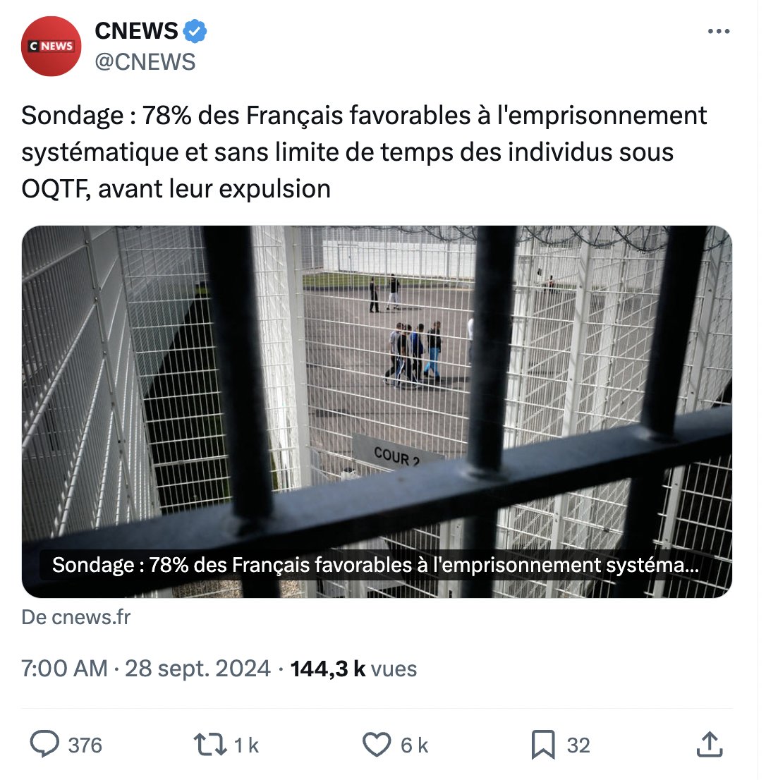 Toujours les mêmes sondages ineptes, hors de toute réalité &amp; exploitant les fantasmes.

Avec 78 000 détenus, nos prisons sont déjà en totale surpopulation.

Il faudrait donc en plus emprisonner des *centaines de milliers* de personnes (dont 96 % ne sont pas des délinquants) ? 🙃