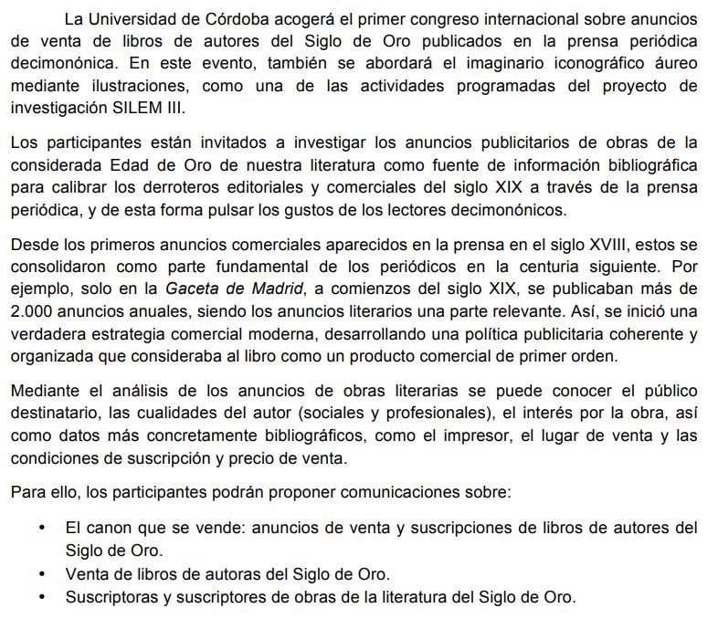 Gr_PASO's tweet photo. #CongresoInternacional «En los márgenes de la noticia: la literatura española en los anuncios e imágenes de la prensa decimonónica» (Córdoba, 23-24 enero 2025) #PrimeraCircular #SILEM3 #SiglodeOro @Univcordoba https://t.co/sOqjorWE3d