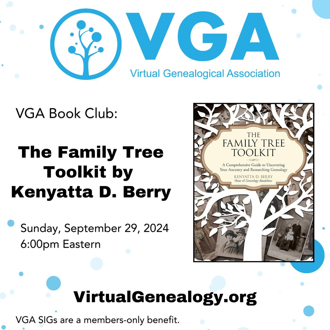 VGA Book Club today!!
Join in on the discussion even if you didn't get a chance to read the book. :)
VGA Members can find the Zoom Registration Link in the Upcoming Webinars area of the Members Center. 
virtualgenealogy.org