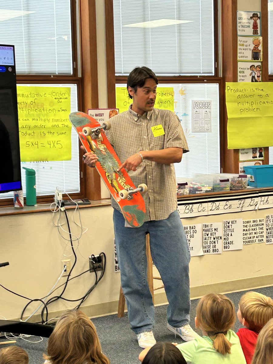 OPS_Harrison's tweet photo. Brenton Gomez, visited 3rd grade on Thursday to break down physics (force, motion, acceleration, pressure) with the art of skateboarding! It’s was #gnarly! Nothing better than seeing physics in real life! #HarrisonProud #SimplyTheBest #BuildingBackgroundKnowledge https://t.co/V7H9vQ87qu