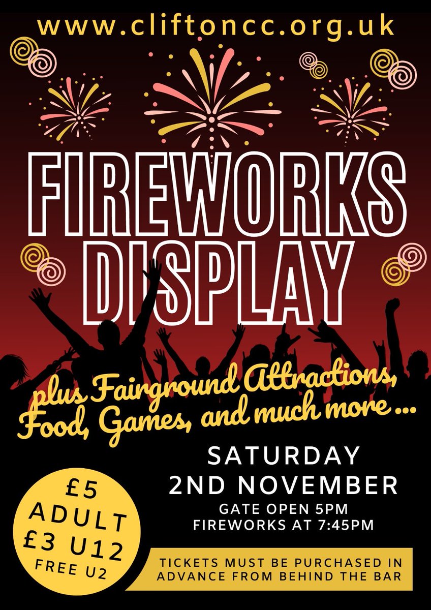 CliftonCC's tweet photo. We are pleased to confirm fireworks tickets are on sale from club direct. £5 Adults and £3 Under 12s. Advanced purchase recommended as sold out in previous years. https://t.co/dnHKC7I9UD