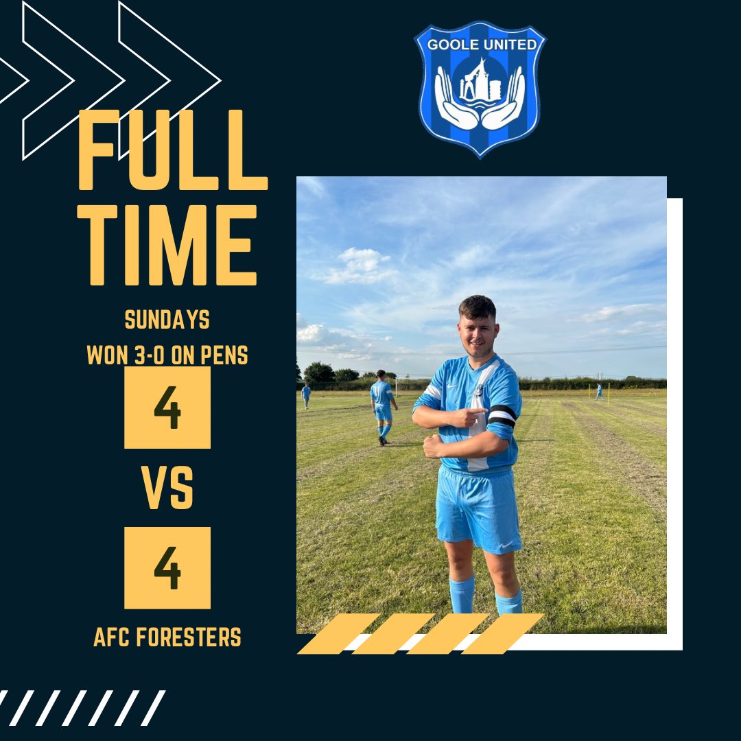FULL TIME RESULT!

Alex Bottomley ⚽️
Lewis Fallowfield ⚽️
Keir Vause ⚽️
Josh Barnes ⚽️

Pens
Josh Barnes ⚽️
Ryan Whitlam ⚽️
Aiden Wheldrake ⚽️

Harry Jackson 🎯🎯
Ryan Whitlam 🎯

MOTM - Harry Jackson🌟

WOP - Lewis Fallowfield
