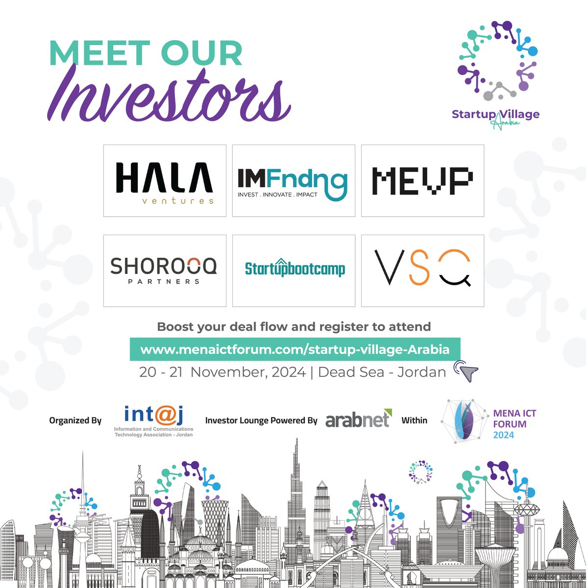 Join us in welcoming Hala Ventures, IM FNDNG, MEVP, SHOROOQ Partners, Startupbootcamp, and VSQ to the MENA ICT Forum.  

Register to attend through the link in our bio!
menaictforum.com/registration