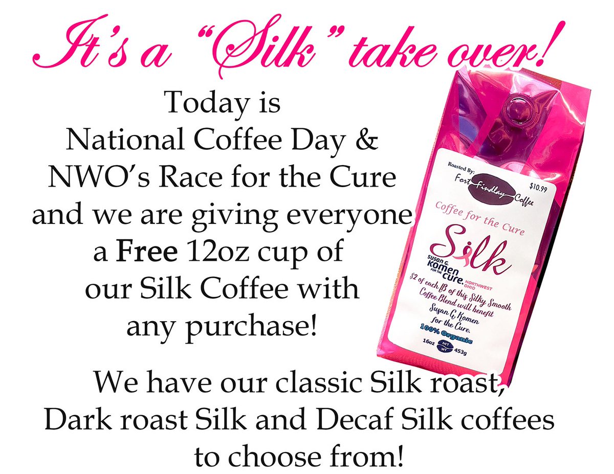 FtFindlayCoffee's tweet photo. Today is National Coffee Day and NWO’s Race for the Cure! To celebrate, we are giving everyone a free 12oz cup of our Silk Coffee with any purchase! 🩷

#raceforthecure #coffeeforthecure #susangkomen #fortfindlay #fortfindlaycoffee #fortfindlaydoughnuts #findlayohio https://t.co/hx2uiKCdNy