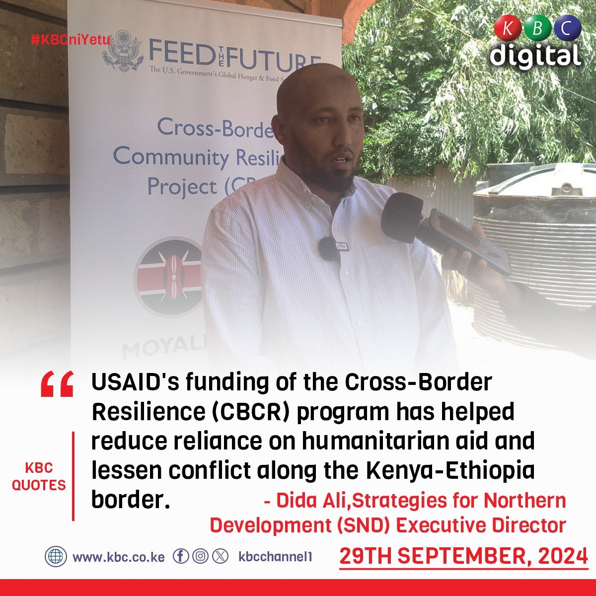 KBCChannel1's tweet photo. "USAID's funding of the Cross-Border Resilience (CBCR) program has helped reduce reliance on humanitarian aid and lessen conflict along the Kenya-Ethiopia border."
-Dida Ali, Strategies for Northern Development (SND) Executive Director 
#KBCniYetu^EM https://t.co/Q8sFhSWq0d