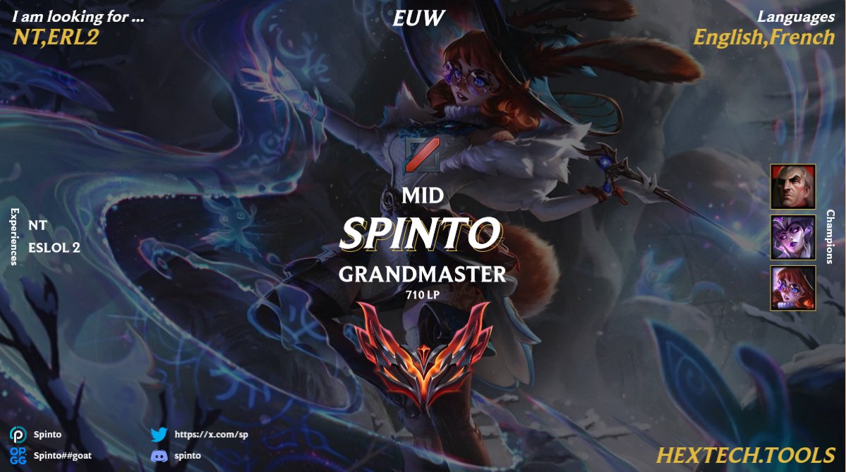 Hello after a small break I'm back to look for a team.

LFT as Midlaner
-LF MNT,ERL2 
- peak : 710 lp

DM OPEN 📩
<a href="/LoL_LFT_Fr/">LoL LFT Fr</a>