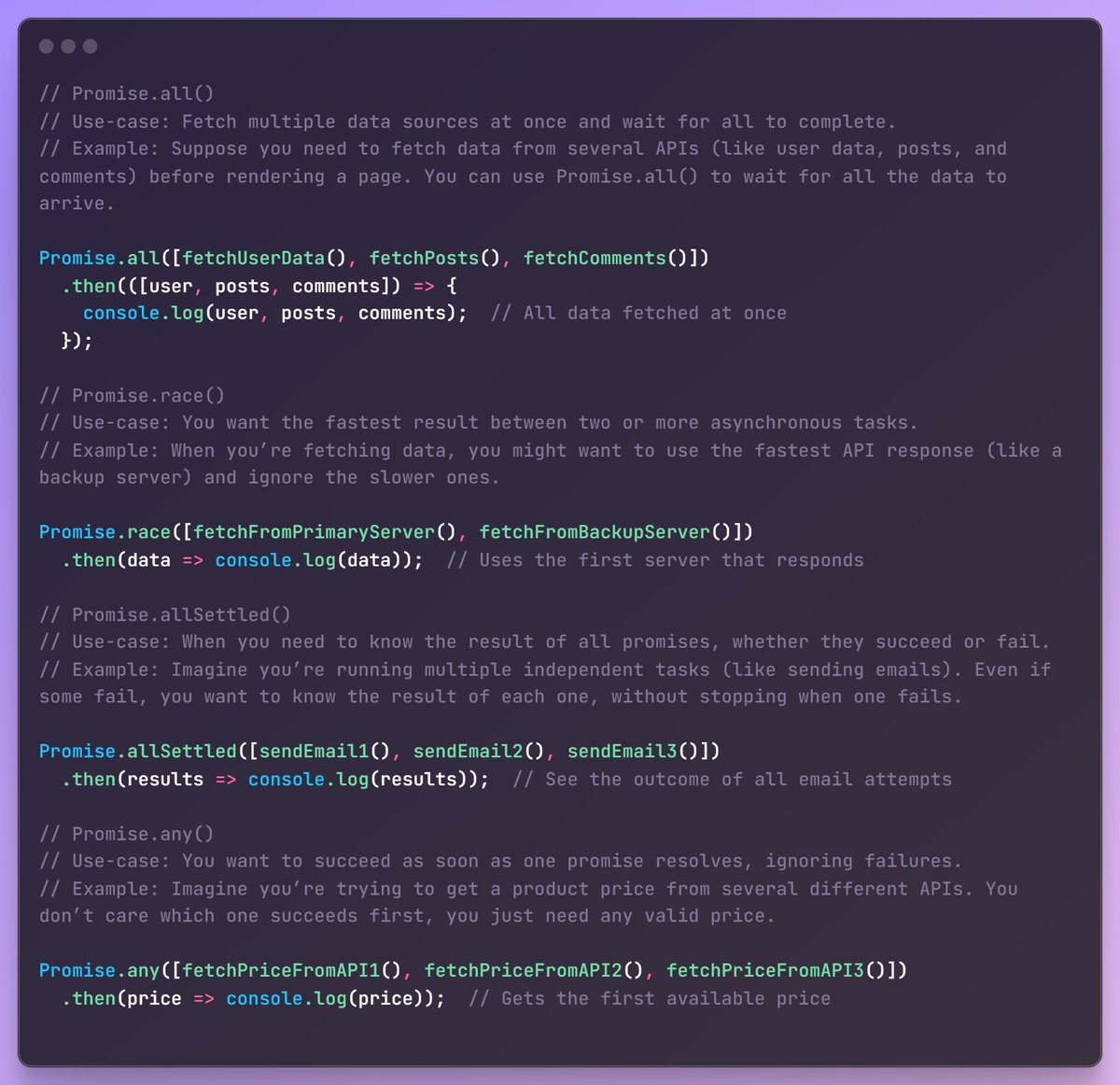 devatTheCave's tweet image. JavasSript most useful promises methods and their use cases.