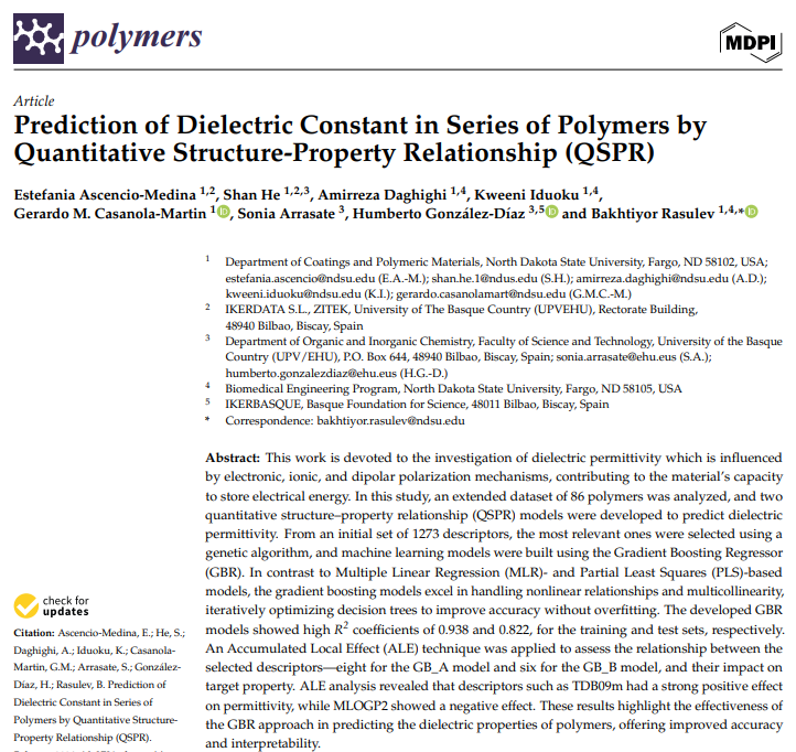 Bakhtiyor Rasulev (@bakhras) on Twitter photo I'm glad to announce a recently published Polymers paper by our group in collaboration with groups of Profs. Gonzalez-Diaz and Arrasate. The lead student is a PhD student Estefania Ascencio-Medina. #DielectricConstant #MachineLearning #NDSU #NDSUCPM <a href="/NDSUVPRCA/">NDSU Research & Creative Activity</a> <a href="/MDPIOpenAccess/">MDPI</a> I'm glad to announce a recently published Polymers paper by our group in collaboration with groups of Profs. Gonzalez-Diaz and Arrasate. The lead student is a PhD student Estefania Ascencio-Medina. #DielectricConstant #MachineLearning #NDSU #NDSUCPM <a href="/NDSUVPRCA/">NDSU Research & Creative Activity</a> <a href="/MDPIOpenAccess/">MDPI</a>