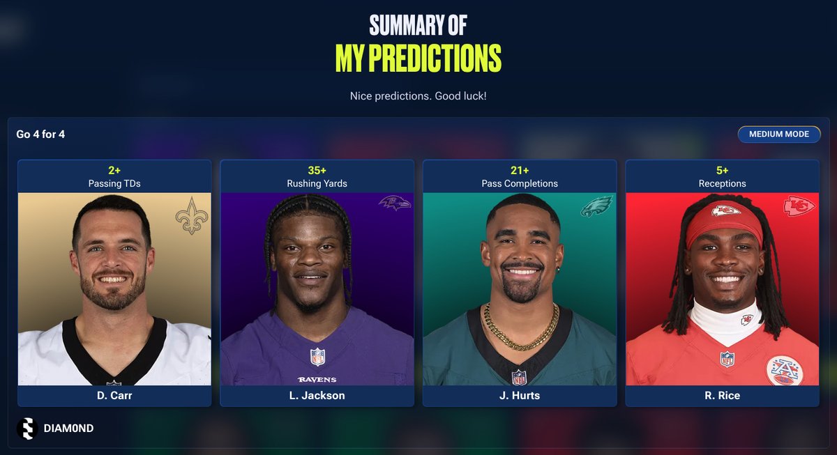Rookie Debut Pack Giveaway 🏈

❤️ Like &amp; Retweet
🔗 nflallday.com/predict
⭐️ Enter in a full lineup for either Easy (Common+), Medium (Rare+), or Hard (Legendary+), and post it below just like my screenshot for a chance at winning a sold out Rookie Debut Quick Rip pack!